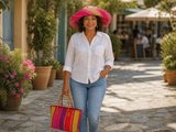 Raffia Striped Handbag Large in Rosy Apple Madagascan