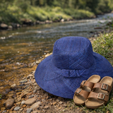 Flat Brim Raffia Sunhat in Blue Indigo Madagascan