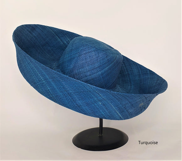 Raffia Curve Brim Hat Large Brim in Peacock Blue Madagascan