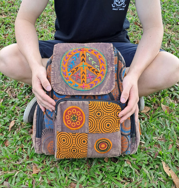 Peace Stonewashed Patchwork Backpack Nepalese