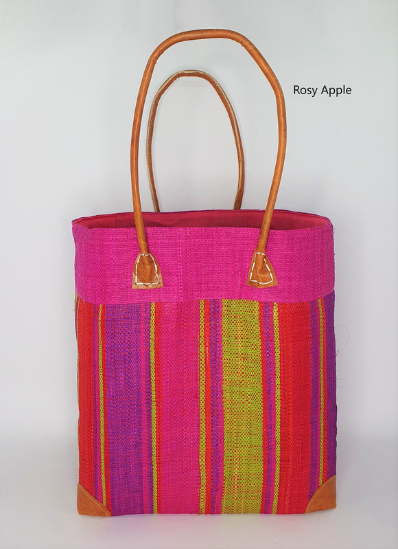 Raffia Basket Stripes Large in Rosy Apple Madagascan