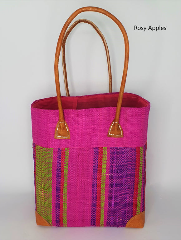Raffia Basket Striped Medium in Rosy Apple Madagascan