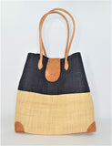 RAFFIA HANDBAG BASKET BLACK AND NATURAL LARGE Madagascan