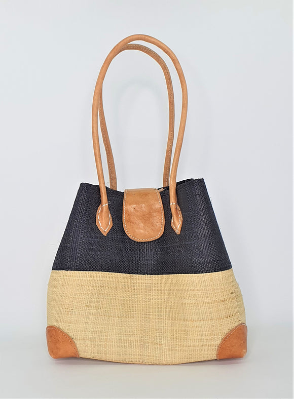 Raffia Handbag Basket Black and Natural Medium