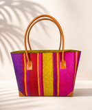 Raffia Striped Handbag Small in Rosy Apple Madagascan