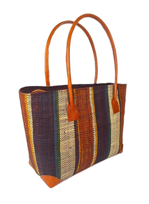 Raffia Striped Handbag Small in Chocolate Box Madagascan
