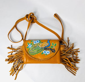 Peacock Hand Etched Leather Shoulder Purse Handbag Indonesian