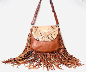 Hand Etched Tassel Leather Saddle Bag, Shoulder Bag Indonesian