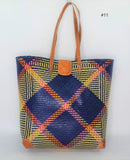 PATTERNED STRAW BASKET WITH LONG LEATHER HANDLES Madagascan