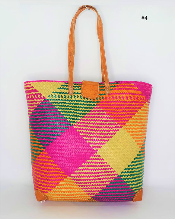 Patterned Straw Basket With Long Leather Handles |Madagascan