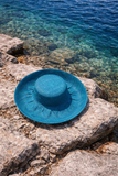 Raffia Curve Brim Hat Standard Brim in Dark Peacock Blue Madagascan