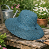 Flat Brim Raffia Sunhat in Pacific Blue Madagascan